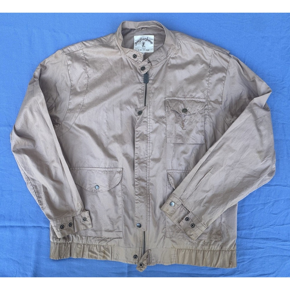 Vintage Yves Saint Laurent YSL Bomber Jacket Mens L Tan Full Zip Snap 80s 90s